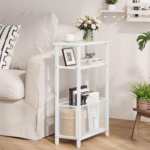 MMEOLUOOK Narrow Side Table with Storage Basket Skinny End Tables for Smalls Spaces 3 Tier Sofa Table Small Nightstand Slim Bedside Table for Living Room Bedroom White MLBZ22W - Image 2