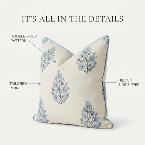 Jillien Harbor “The Camille” Decorative Pillow Cover – Blue & Whitel Floral Block Print Pillow Cover – Grandmillennial Home Decor, 24" x 24" - Image 6