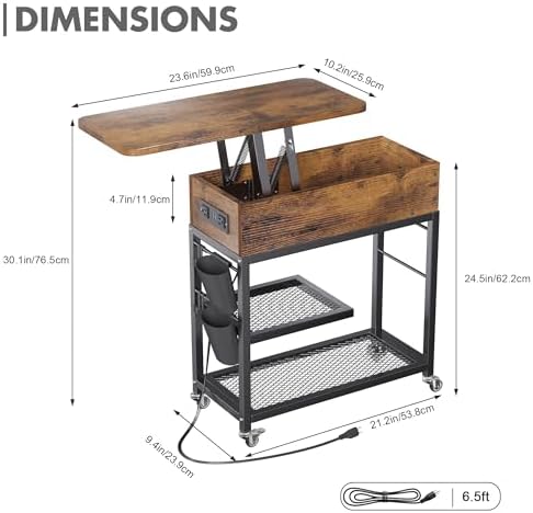 Colima Lift Top End Table with Charging Station and Wheels (Rustic Wood) - Image 3