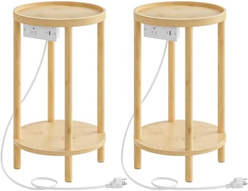 HOOBRO Set of 2 Small Round Side Tables with Charging Station, 2-Tier Round Bamboo End Tables, Easy Assembly, for Living Room, Bedroom, Apartment, Natural YL156UBZP201 by HOOBRO