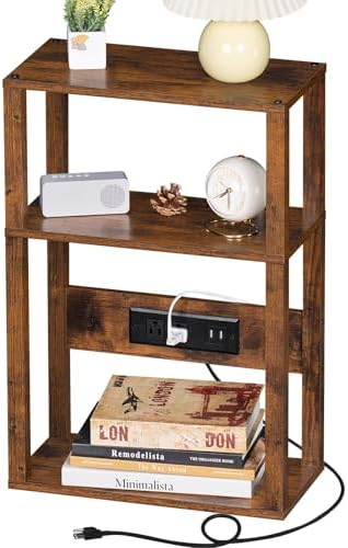 YUFAM 3-Tier Narrow Bedside Table with Charging Station, Skinny Nightstand by YUFAM