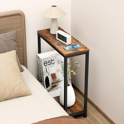 SLEEPING LAMB Narrow Small Side Table for Small Space, 2 Tier Sofa Skinny End Table for Living Room, Bedroom Beside Slim Nightstand, Rustic Brown and Classic Black - Image 7
