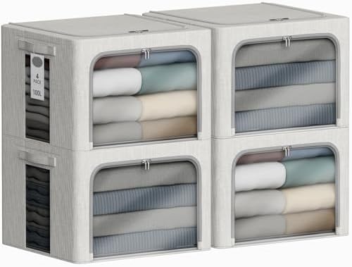 4 Pack Clothes Storage Bins with Metal Frame - 100L Stackable Storage Box with Lid，Foldable Storage Container Organizer for Clothes，Linen Fabric Storage Box with Clear Window＆Zippers＆Handles by Chizjox