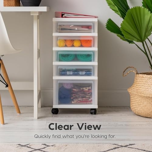 IRIS USA 5-Drawer Rolling Storage Cart with Organizer Top, White/Clear - Image 7