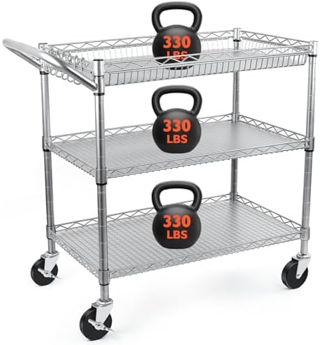 BolDuck Heavy Duty Utility Cart, 990Lbs Capacity 3 Tier Rolling Carts with Wheels, Kitchen Cart on Wheels with Storage, Commercial Grade Metal Serving Carts with Wire Shelving &Handle Bar, Silver by BolDuckDirect