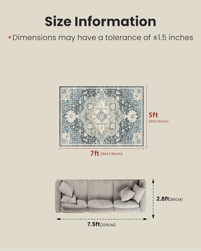 AMADA HOMEFURNISHING 5x7 Area Rugs, Washable Living Room Rug Low-Profile with Non-Slip Backing & Durable Edge Binding, Vintage 5x7 Rugs for Living Room, Bedroom, Dining Room - Image 2