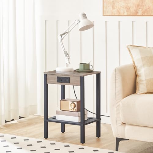 HOOBRO Side Table with Charging Station, End Table with USB Ports and Outlet, Nightstand with 2-Tier Storage Shelf, Faux Rattan Decoration, for Small Space, Greige and Black BG91UBZ01 - Image 2