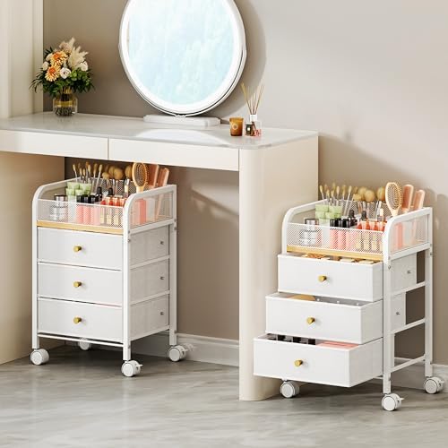 SWTYMIKI Rolling Makeup Organizer Cart - 14.96″*11.81″*23.03″ Widened Under Desk Vanity Storage with 3 Non-woven Drawers, Cosmetic Display Cases for Skin Care Perfume Nail Polish Brush Hair Tool White by SwtyMiki-TidyHomeSweetLife