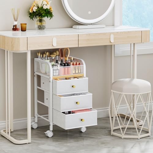 SWTYMIKI Rolling Makeup Organizer Cart - Under Desk Vanity Makeup Storage with 3 Non-woven Drawers, Nail Cart Organizer Cosmetic Display Cases Cabinet for Skin Care Perfume Nail Polish Brush Hair Tool - Image 3