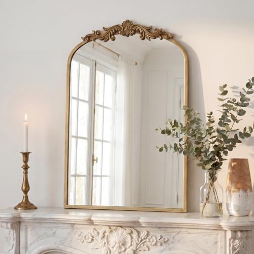 PERFNIQUE Vintage Mirror, 35" X 24" Gold Arched Antique Baroque Wall Mirror by PERFNIQUE