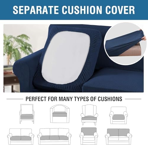 H.VERSAILTEX 4 Piece Stretch Sofa Covers for 3 Cushion Couch Covers for Living Room Furniture Slipcovers (Base Cover Plus 3 Seat Cushion Covers) Thicker Jacquard Fabric (Large Sofa, Navy) - Image 5