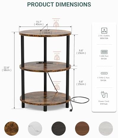 Small Round Side Table - 3-Tier Oval Accent Table for Small Spaces, Rustic Wood and Metal Nightstand for Living Room or Bedroom, with Built-in USB Ports and Power Outlet, Rustic Brown - Image 2