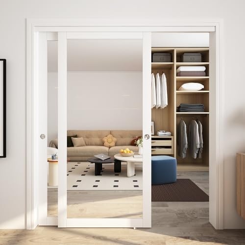 JUBEST 72" x 80" Mirror Closet Door, Preassembled One Side Mirror Door with Hardware Kit & Matching Fascia, Solid Wood Frame with Water-Proof PVC Surface, Easy to Install, White by JUBEST