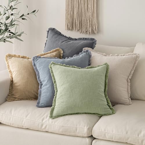 MIULEE Boho Linen Fringe Decorative Throw Pillow Covers Sage Green 20x20 - Image 5