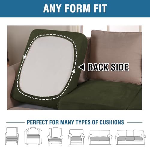 H.VERSAILTEX Velvet Stretch Couch Cushion Cover Plush Cushion Slipcover for Chair Loveseat Sofa Cushion Furniture Protector Seat Cushion Sofa Cover (2 Piece Medium Sofa Cushion Covers, Olive) - Image 5