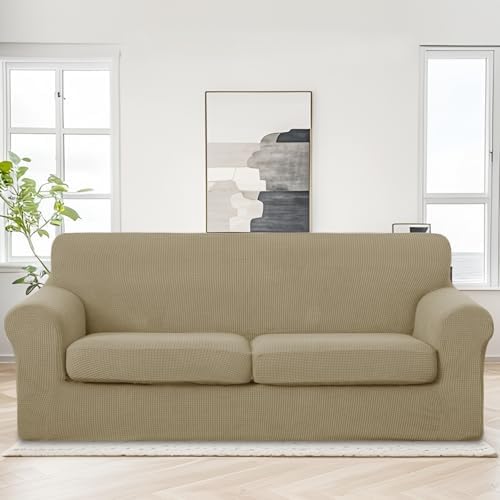 U-NICE HOME 3 Pieces Stretch Couch Cover Sofa Slipcover, Sand - Image 2