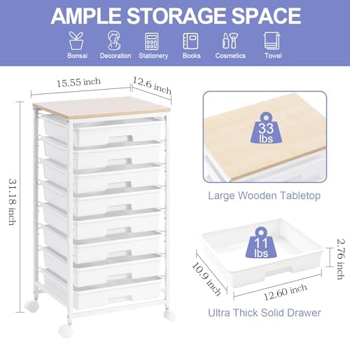 SYKIARIOL Rolling Storage Cart with Drawers, 8 Drawers Utility Cart,White - Image 2