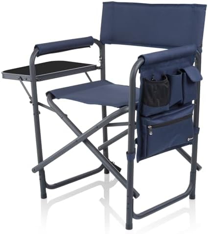 Picnic TIME Sports Chair with Side Table and Armrest Caddy, Lightweight Aluminum Folding Outdoor Camping Chair for Adults, Portable Director Style Lawn Seating with Pockets & Carry Strap, (Navy Blue) by PicnicTimeFamilyofBrands