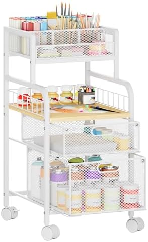 SWTYMIKI Rolling Cart with Drawers - Metal Craft Cart with Wheels, DIY Divider and Wood Shelf, Art Supply Organizer for Under Desk Storage, Utility Storage Cart for Home Office Studio, White by SwtyMiki-TidyHomeSweetLife