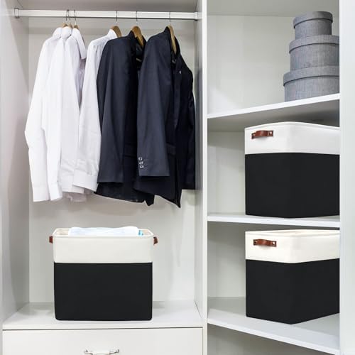Bagnizer Large Fabric Storage Baskets | 50L Storage Bins, Decorative Linen Closet Baskets with Handles for Organizing, Shelf, Toys, Clothes, Home, Office, Nursery, 17x12x15Inches (Black&White) - Image 2