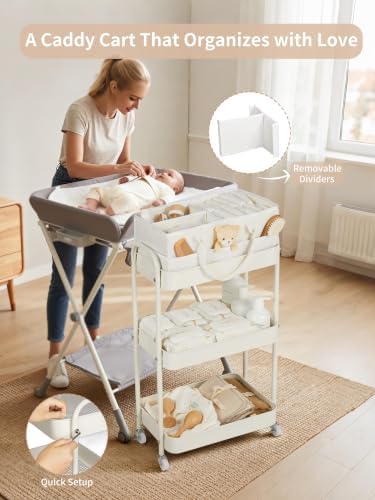 Fortella Baby Diaper Caddy, 3 Tier Rolling Cart for Baby Essentials, Beige - Image 5