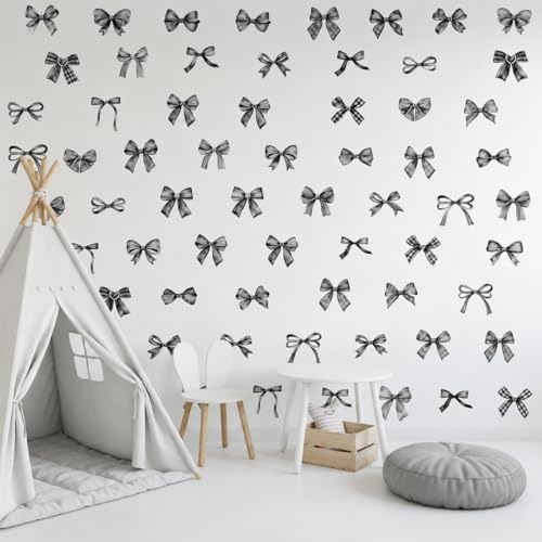 60Pcs Watercolor Bowtie Wall Stickers - Coquette Aesthetic Vinyl Decals for Room Decor in Light Pink, Sky Blue, Mint Green, Lavender Peel and Stick Nursery, Bedroom, Kindergarten Wall Art (Black) - Image 4