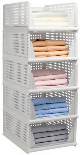 Goderewild 5 Pack Stackable Foldable Storage Baskets - Folding Storage Bins, Multifunctional Closet Organizers for Wardrobe, Cupboard - Space-Saving Clothes Storage Hat Organizer (White, 5L) by Goderewild