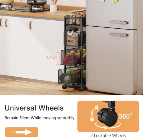 4 Tier Narrow Kitchen Rolling Cart, 9.1" Wide Slim Kitchen Storage Cart with Pull-Out Baskets, Adjust Pantry Organizer and Storage Cart with Wheels, Multifunctional Fruit Vegetable Spice Storage Cart - Image 2