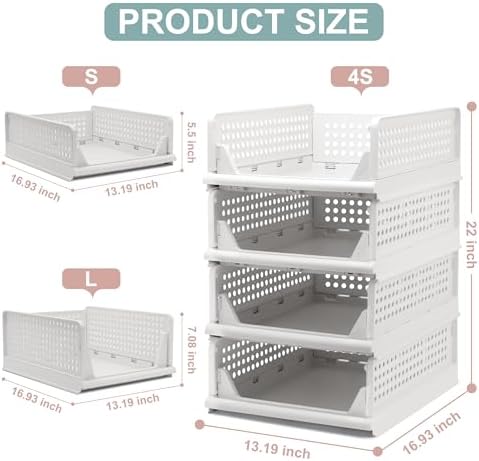 Goderewild Stackable Foldable Storage Baskets, Folding Storage Bins, Closet Organizers and Plastic Drawer Shelf Storage Container for Wardrobe, Cupboard, Kitchen, Bathroom, Office (White, 4S) - Image 2