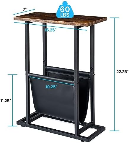 FLYJOE Narrow Side Table with PU Leather Magazine Holder Rustic Slim Little Thin Table for Living Room, Bedroom, Sofa, Rustic Brown - Image 3