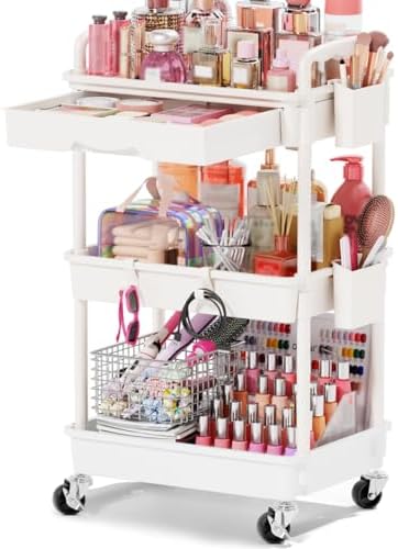 Goovilla Rolling Makeup Organizer Cart with Removable Drawer, 3 Tier White by Goovilla