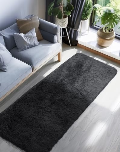 Ophanie 2x8 Runner Rug for Hallway,Upgrade Non-Slip Fluffy Soft Bedside Rugs,Bedroom Living Room Black Shaggy Carpet for Kids Girls Boys Dorm Nursery Home Decor Aesthetic with Over 99 pcs Pile fibers - Image 5