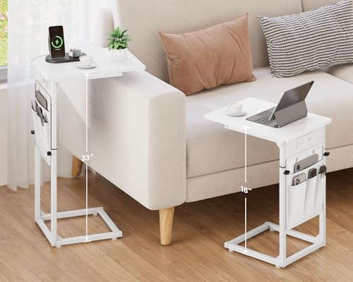 Vagusicc C Shaped End Table with Charging Station, Adjustable Height Side Table for Couch, Small Sofa Table for Small Spaces, Slide Under Sofa Table TV Tray Arm Tables for Living Room, Bedroom, White - Image 2