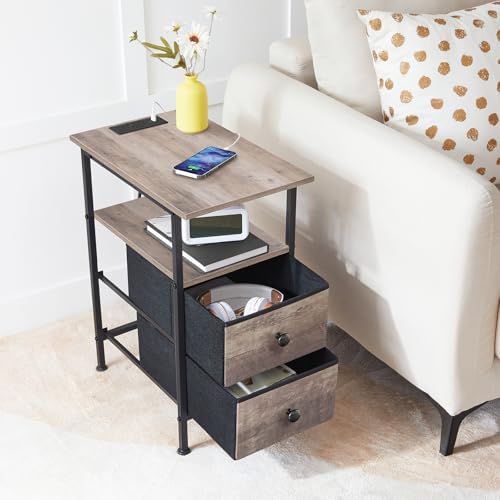 HOOBRO End Table with Charging Station, Narrow Side Table, Nightstand with 2 Non-Woven Drawers, Slim Sofa Side Table, for Small Spaces, Living Room, Bedroom, Greige and Black BG486UBZ01 - Image 5