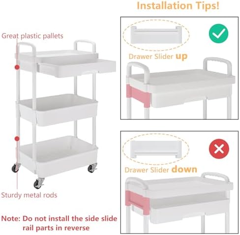 Calmootey 3-Tier Utility Cart with Drawer & Wheels, Storage for Home,Office - Image 6