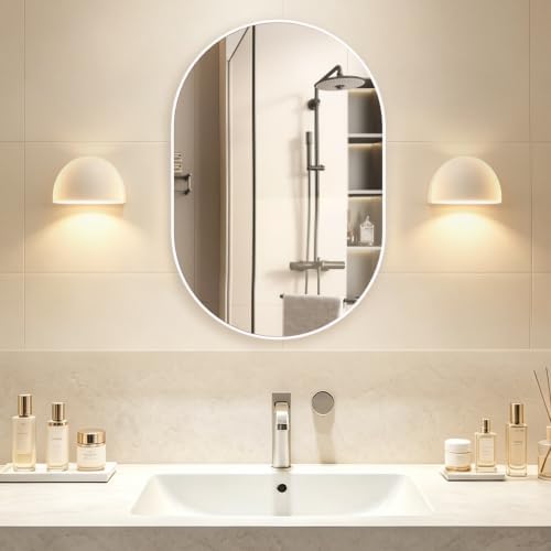 Oval Bathroom Mirror Wall Vanity Oval Mirrors, 20"x30" White Bathroom Mirrors for Over Sink Pill Mirrors Capsule Wall Mounted Mirror, Modern Mirror with Metal Frame for Wall Decor by NEUWEABY