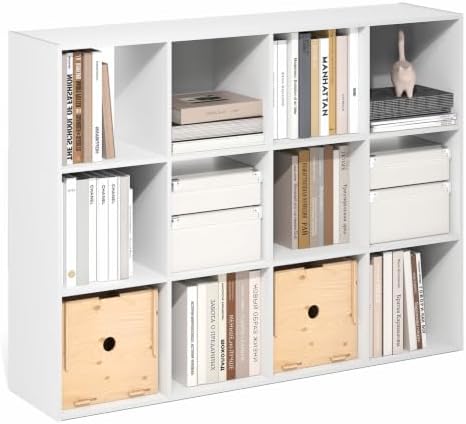 Furinno PELLI Book Shelf, 12-Cube Bookshelf, Cube Storage Organizer Bookcase, 11.7 x 47.6 x 36, for Living Room, Bedroom, Home Office, White by Furinno-FitsYourSpaceFitsYourBudget