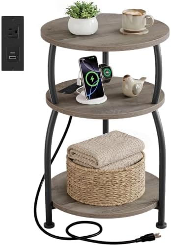 Round Side Table with Power Outlet, USB Type C Port, 3-Tier End Table by designyourhome