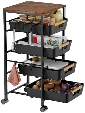 5-Tier Kitchen Storage Cart, Wood Top Rolling Cart Organizer with Pull-Out Baskets & Wheels, Metal Snack Cart with Holder for Fruit, Vegetable, Microwave, Kitchen, Pantry, Black by Landmok