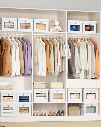 Homsorout Storage Bins with Lid – Closet Organizer with Side Opening and Clear Window, Foldable Stackable Fabric Basket for Clothes, Home, Office - 13.77" x 11.8" x 9.8", 4 Pack, White - Image 3