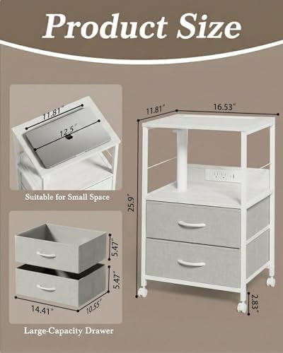 Faesun Swivel Lift Top Nightstand with Charging Station, Rolling Side Table for Recliner, Bedside Table with Wheels & 2 Fabric Drawers, for Small Spaces, for Bedroom, Living Room, White Gray - Image 2