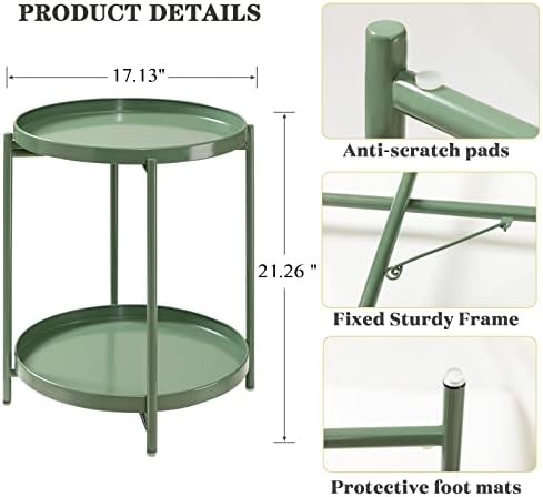 TeoKJ 2 Tier Green Side Table, Folding Round Metal End Table Small Nightstand with Two Removable Tray for Bedroom Living Room Bedside Small Spaces Dark Green - Image 3