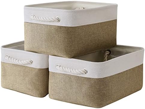 TheWarmHome Storage Basket for Organizing - 14x10x7 inch Medium 3 Pack Collapsible Storage Bin for Shelves with Handles, Canves Storage Box for Organizer Cubes Cloth Gift Toy Closet (White & Khaki) by TheWarmHome