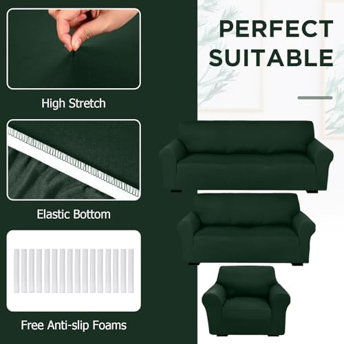 Peryiter 3 Pcs Couch and Loveseat Sofa Covers,Dark Green,Milk Silk - Image 4