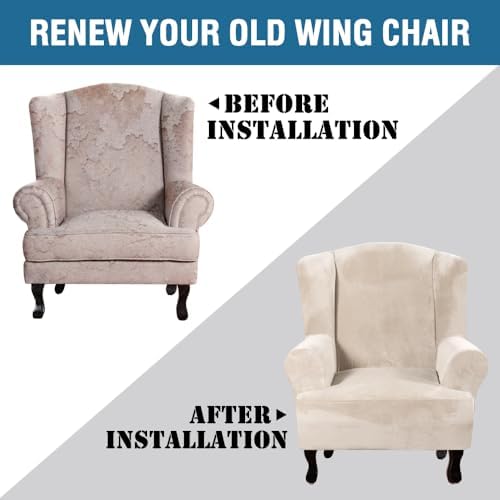 H.VERSAILTEX Wingback Chair Covers Polyester Spandex Plush Wing Chair Slipcover 1 Piece High Stretch Wing Back Chair Slipcovers Sofa Cover Furniture Cover with Elastic Bottom, Cream - Image 7