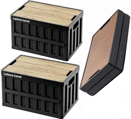 VIMI 50L Collapsible Storage Bins with Lids Stackable Utility Crates with Handles Plastic Large Folding Containers for Organizing Tools,Books,Food,Drinks,Camping&Transport (Black-2 Pack) by VIMI