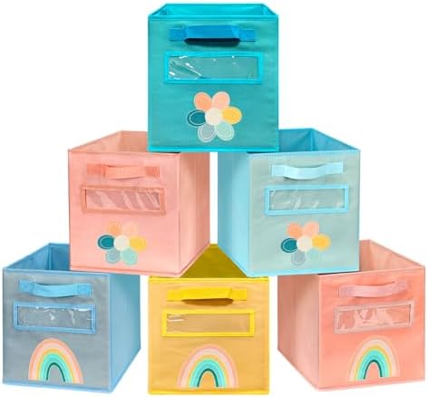 Cube Storage Bins, 6 Pack 11 Inch Fabric Storage Bins with Handle and Label Window, Foldable Storage Cubes, Colorful Fabric Bins for Kids Room, Classroom Organization and Storage, Clothes, Toys by ABCKEY