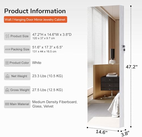 GISSAR Full Length Mirror Jewelry Cabinet, 6 LEDs Jewelry Armoire Wall Mounted Over The Door Hanging, Jewelry Organizer Storage with Lights Lockable White - Image 5