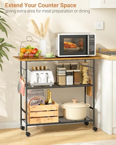 Kitchen Island with 3 Shelves, Rolling Kitchen Cart with 6 Hooks and Protective Shelf, Microwave Stand on Lockable Wheels, Bakers Rack Coffee Bar for Dining, Living Room, Outdoor, Metal Frame - Image 3