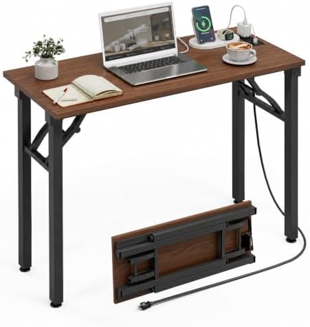 XBurmo Small Folding Desk Folding Table, No Assembly Foldable Desk Gaming Desk, 35.8-Inch Computer Table Workstation with 2 AC Outlets and 2 USB Ports for Bedroom and Home Office, Dark Walnut by XBurmo